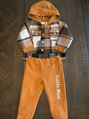 Little Man Brown Plaid Hoodie & Jogger Set